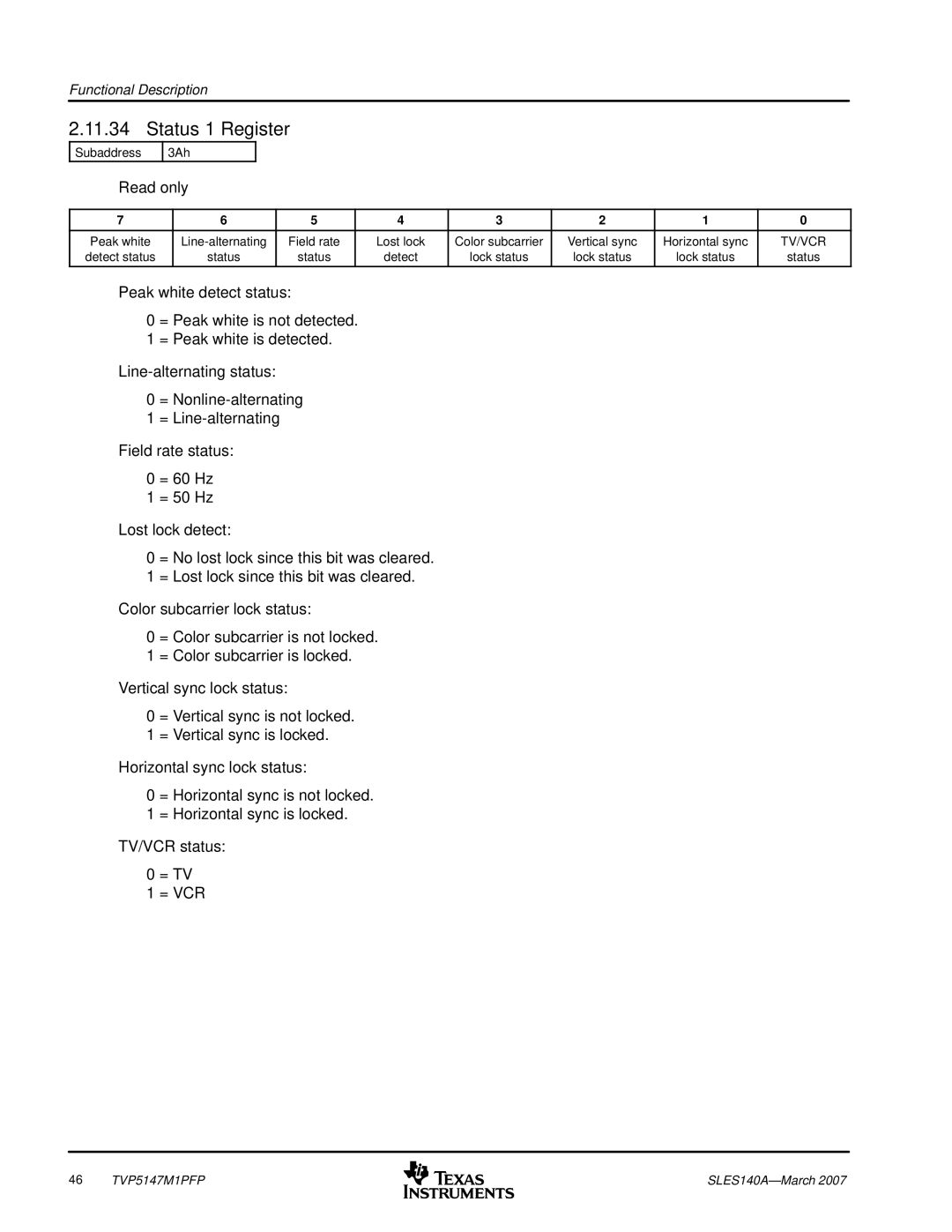 Texas Instruments TVP5147M1PFP manual Status 1 Register, Read only 