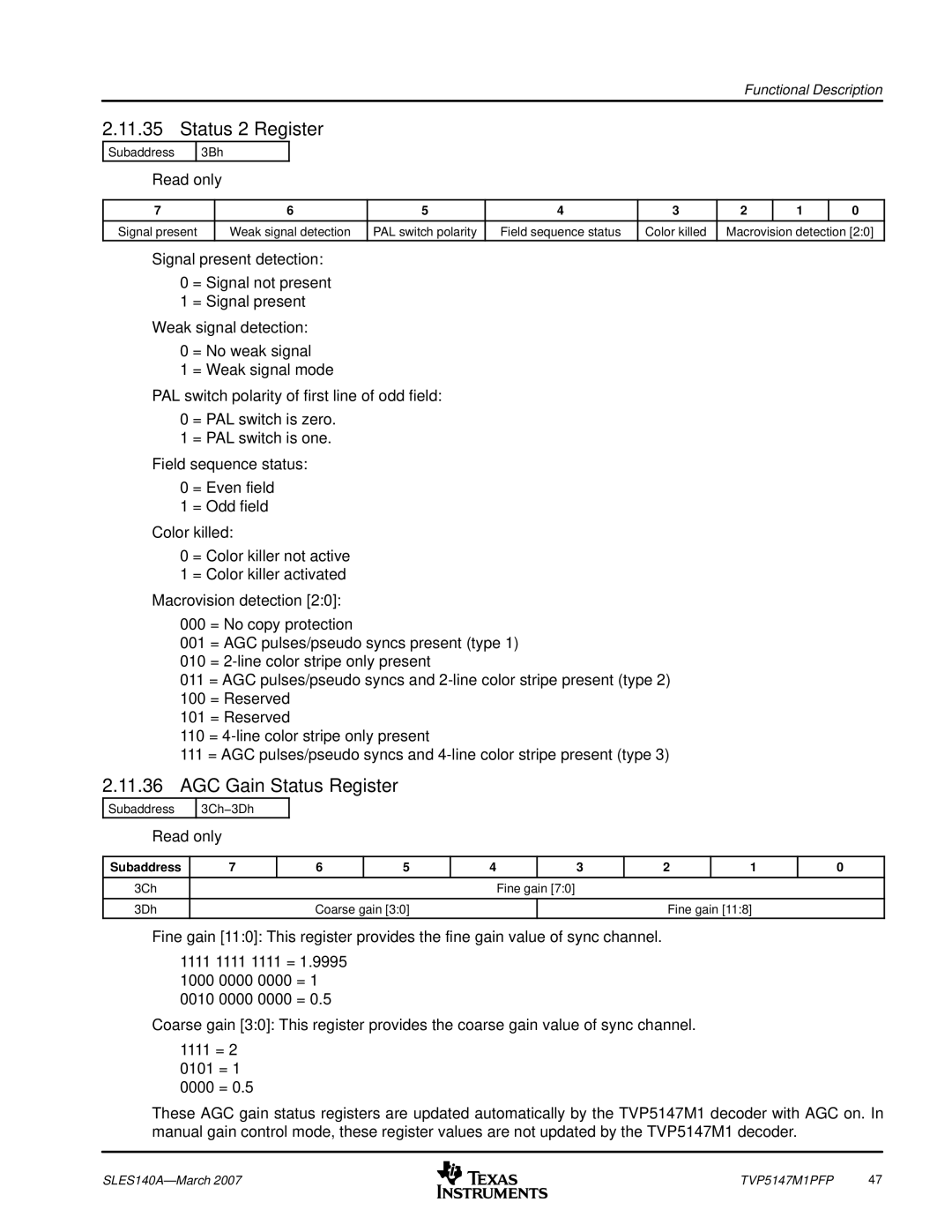 Texas Instruments TVP5147M1PFP manual Status 2 Register, AGC Gain Status Register, Color killed 