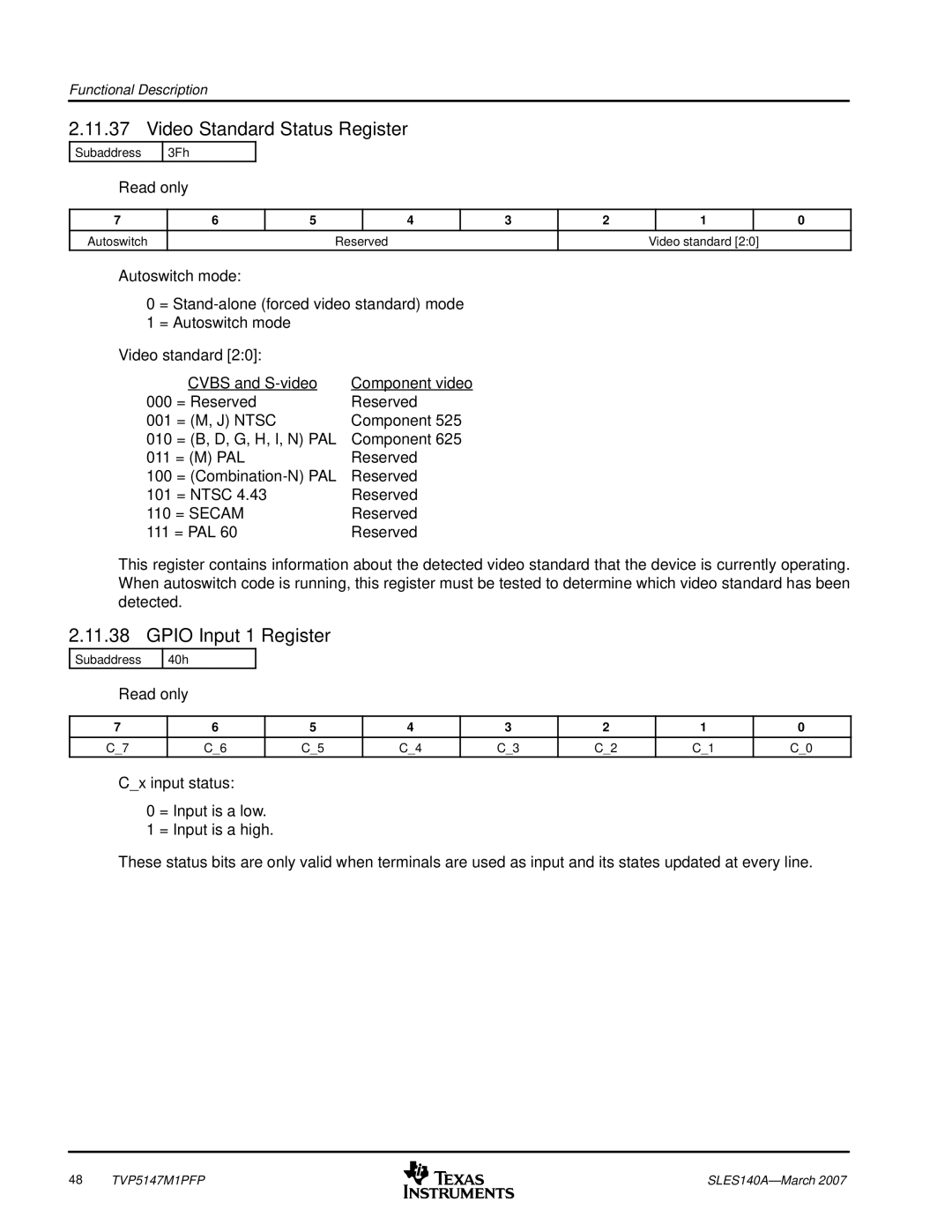 Texas Instruments TVP5147M1PFP manual Video Standard Status Register, Gpio Input 1 Register 