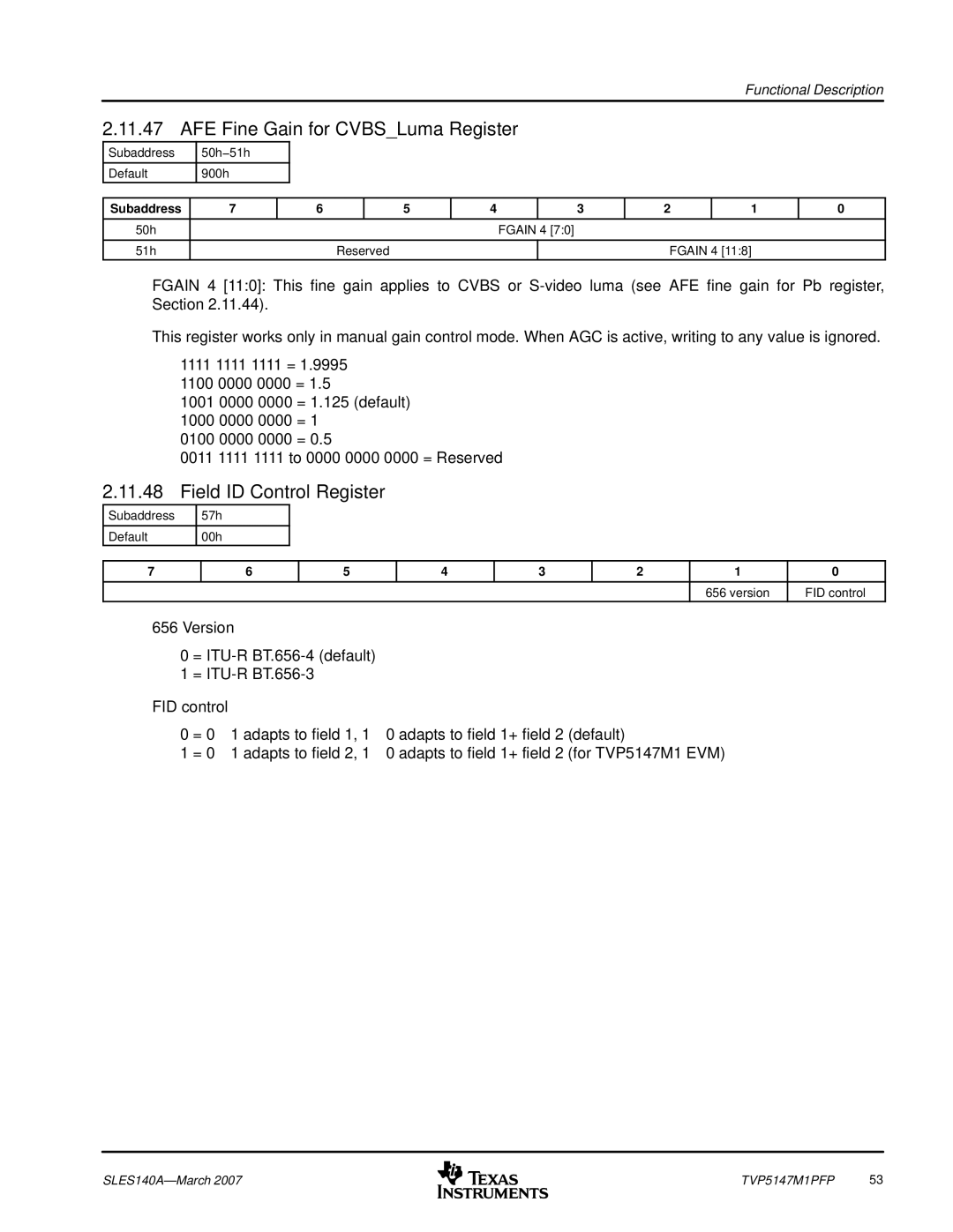 Texas Instruments TVP5147M1PFP AFE Fine Gain for CVBSLuma Register, Field ID Control Register, Subaddress 57h Default 00h 