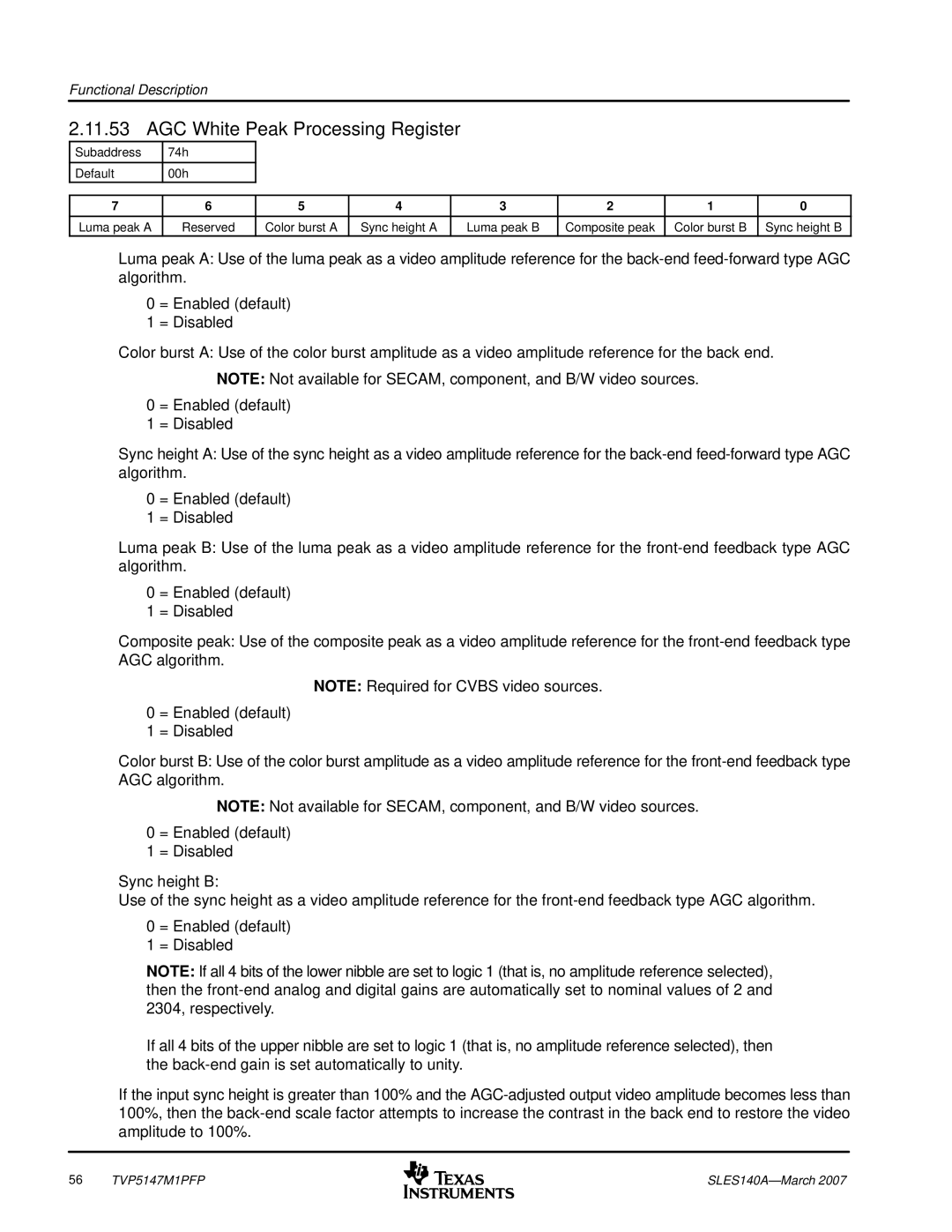 Texas Instruments TVP5147M1PFP manual AGC White Peak Processing Register, Subaddress 74h Default 00h Luma peak a 