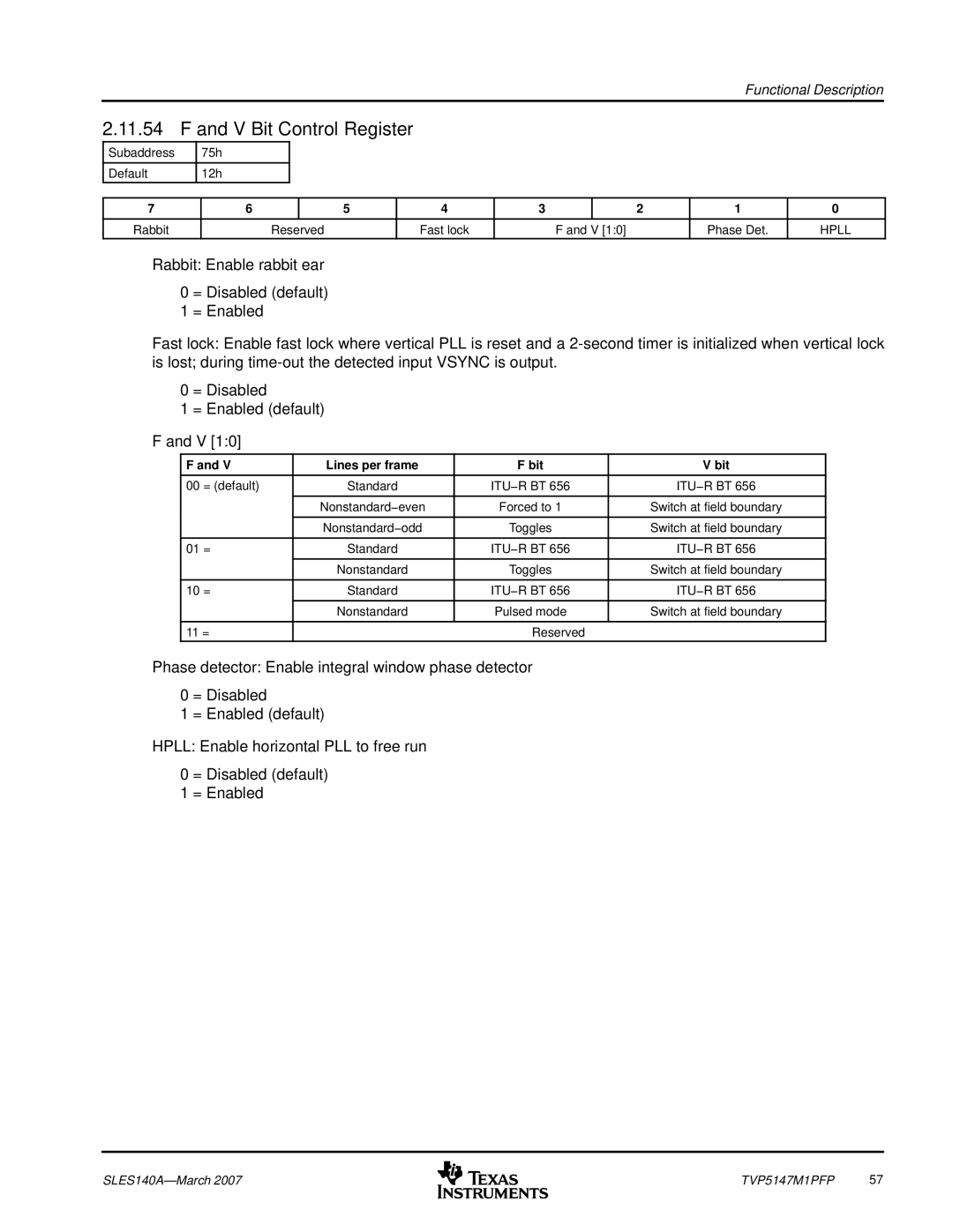 Texas Instruments TVP5147M1PFP manual V Bit Control Register, Lines per frame Bit 