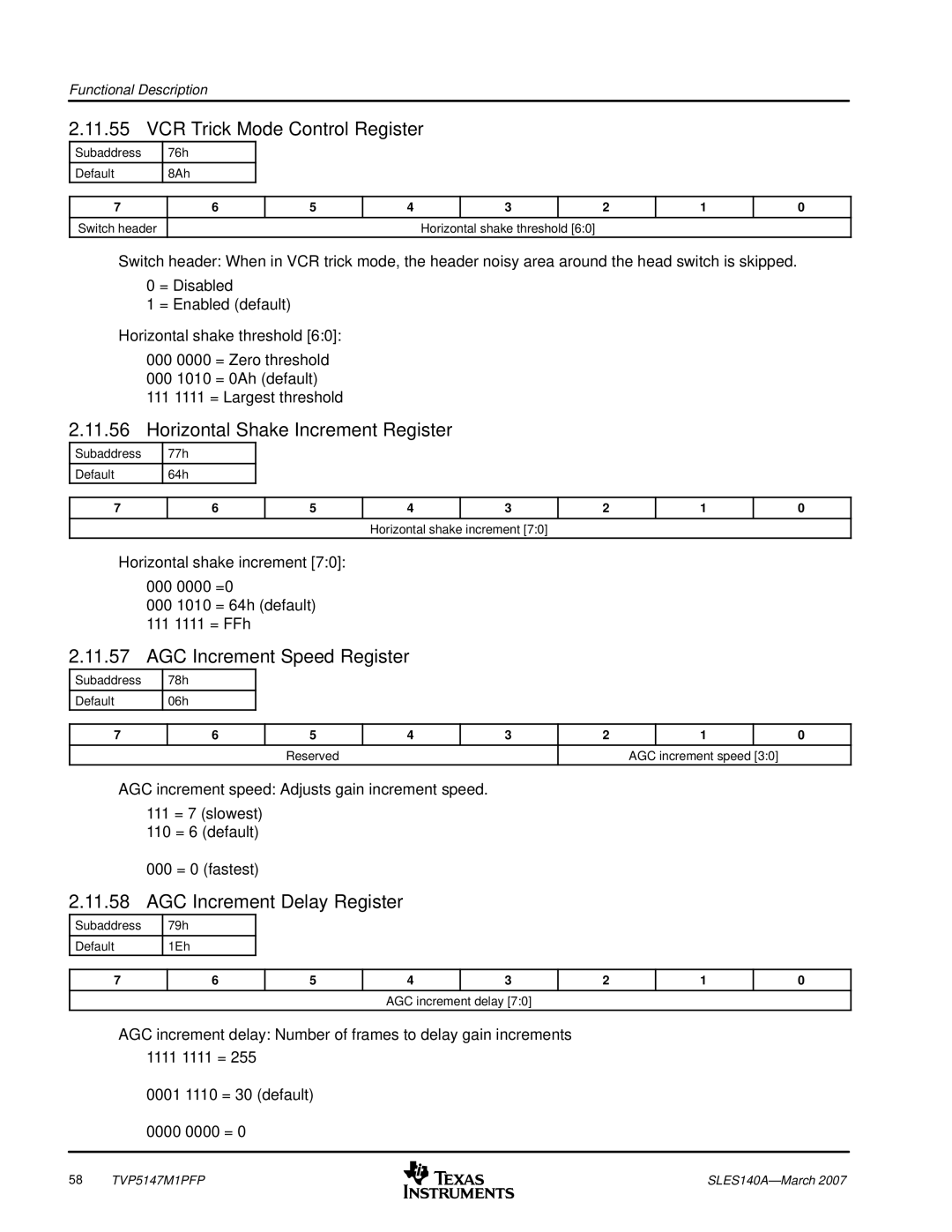 Texas Instruments TVP5147M1PFP manual VCR Trick Mode Control Register, Horizontal Shake Increment Register 