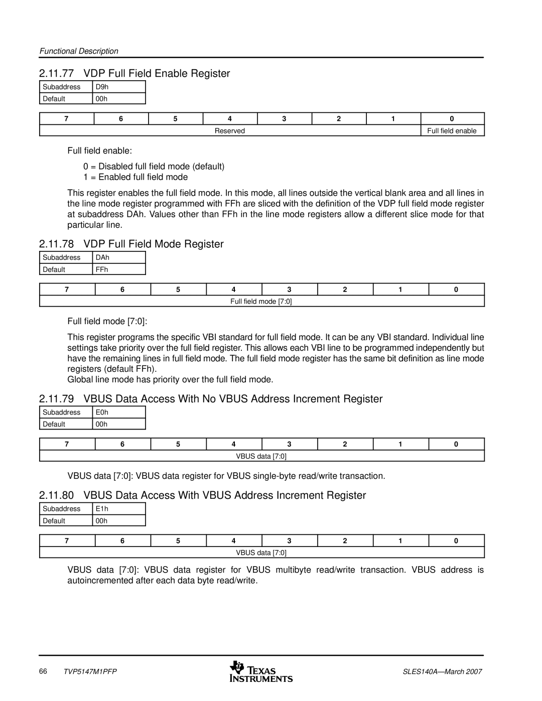 Texas Instruments TVP5147M1PFP manual VDP Full Field Enable Register, VDP Full Field Mode Register 