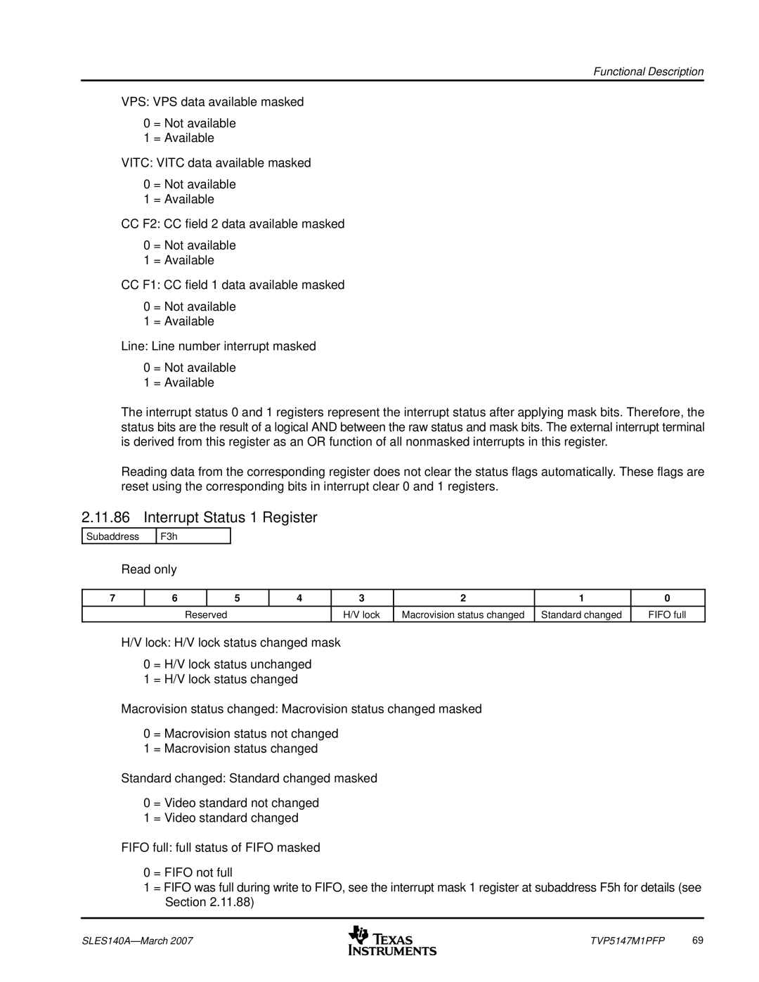 Texas Instruments TVP5147M1PFP manual Interrupt Status 1 Register 