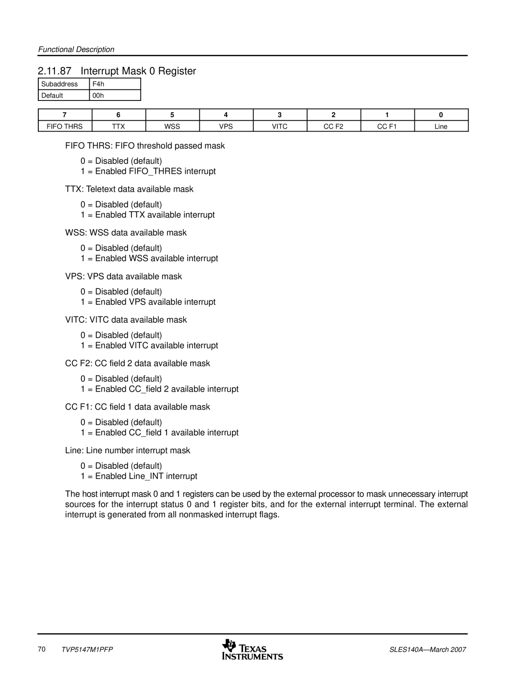 Texas Instruments TVP5147M1PFP manual Interrupt Mask 0 Register 