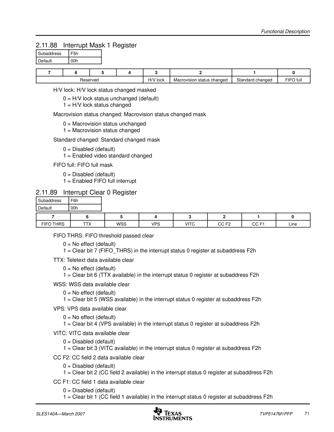 Texas Instruments TVP5147M1PFP manual Interrupt Mask 1 Register, Interrupt Clear 0 Register, Subaddress F5h Default 00h 