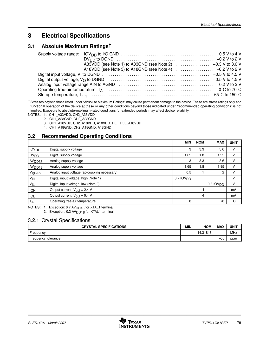 Texas Instruments TVP5147M1PFP manual Absolute Maximum Ratings†, Recommended Operating Conditions, Crystal Specifications 