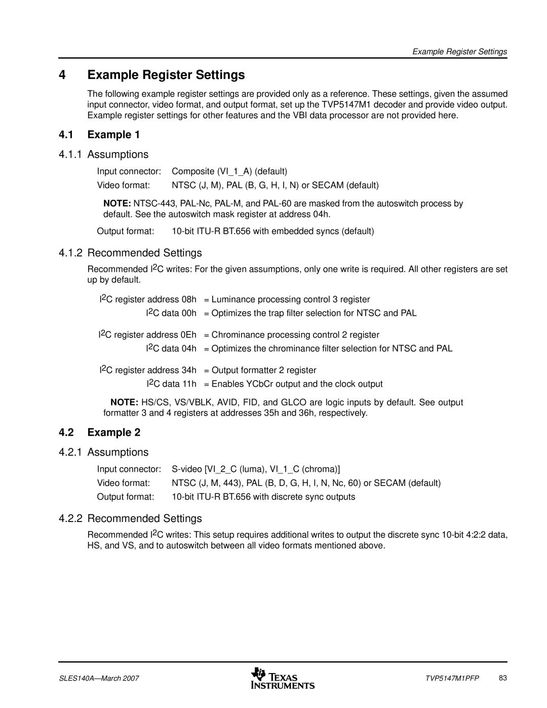 Texas Instruments TVP5147M1PFP manual Example, Assumptions, Recommended Settings 