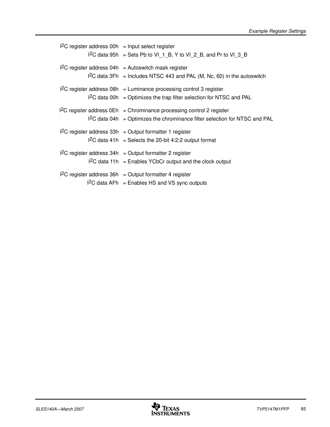 Texas Instruments TVP5147M1PFP manual Example Register Settings 