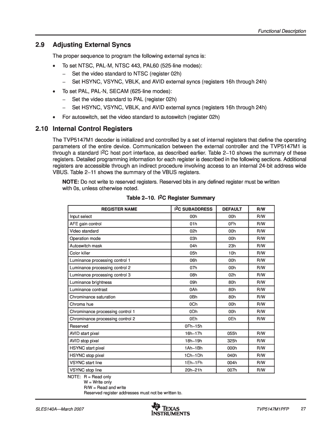 Texas Instruments TVP5147M1PFP manual Adjusting External Syncs, Internal Control Registers, 10. I 2C Register Summary 