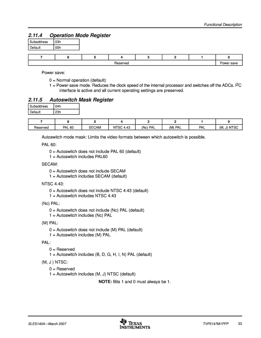 Texas Instruments TVP5147M1PFP manual Operation Mode Register, Autoswitch Mask Register 