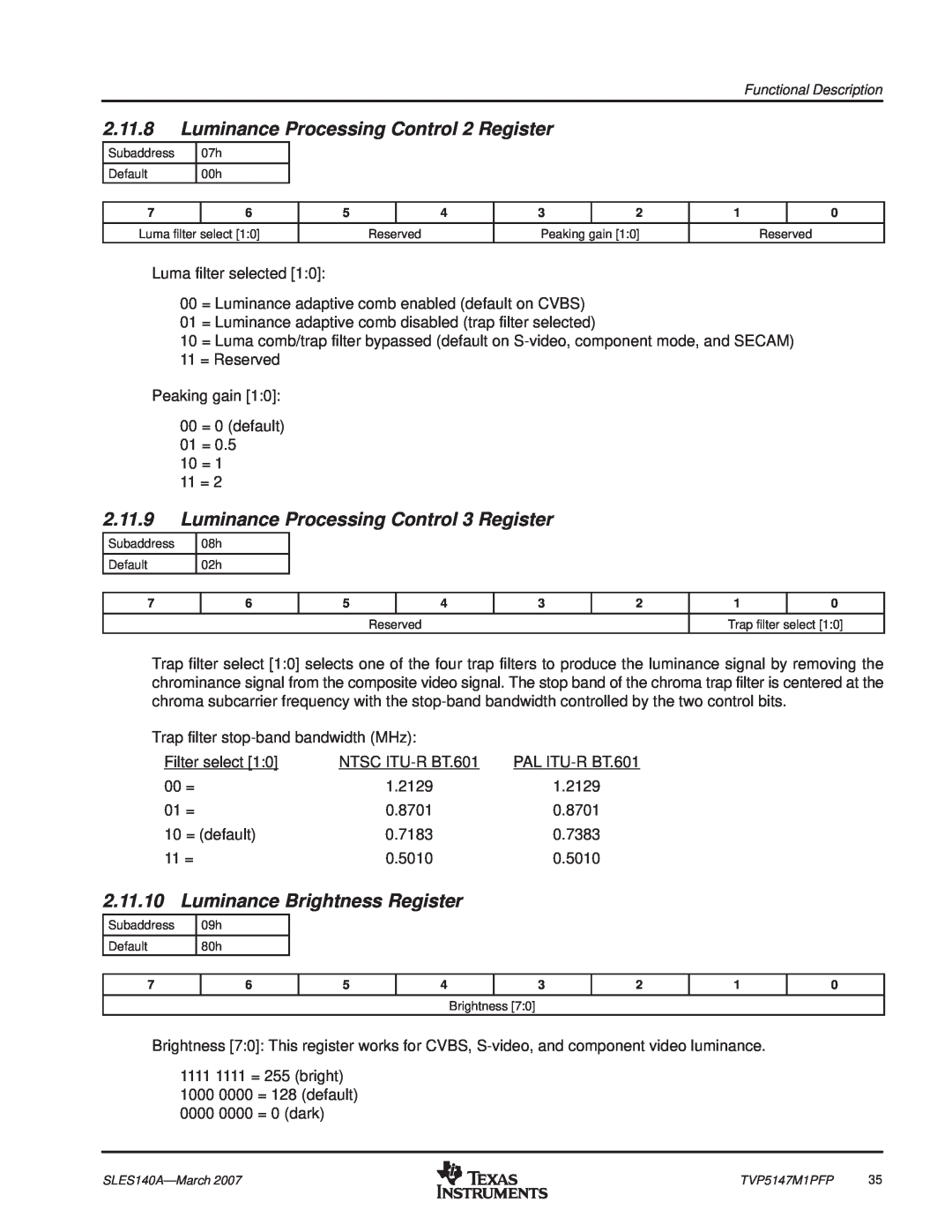 Texas Instruments TVP5147M1PFP Luminance Processing Control 2 Register, Luminance Processing Control 3 Register, 2.11.10 