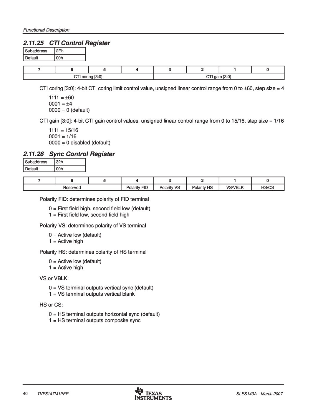 Texas Instruments TVP5147M1PFP manual CTI Control Register, Sync Control Register, 2.11.25, 2.11.26 