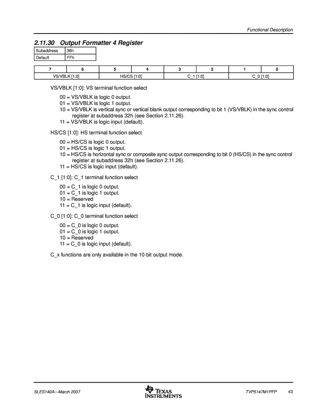 Texas Instruments TVP5147M1PFP manual Output Formatter 4 Register 