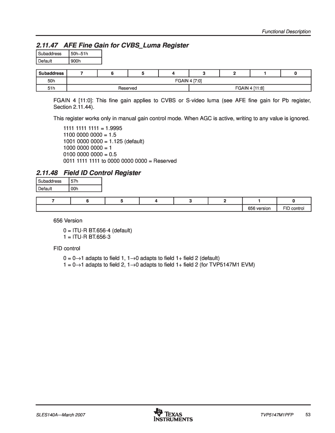 Texas Instruments TVP5147M1PFP manual AFE Fine Gain for CVBSLuma Register, Field ID Control Register, version 