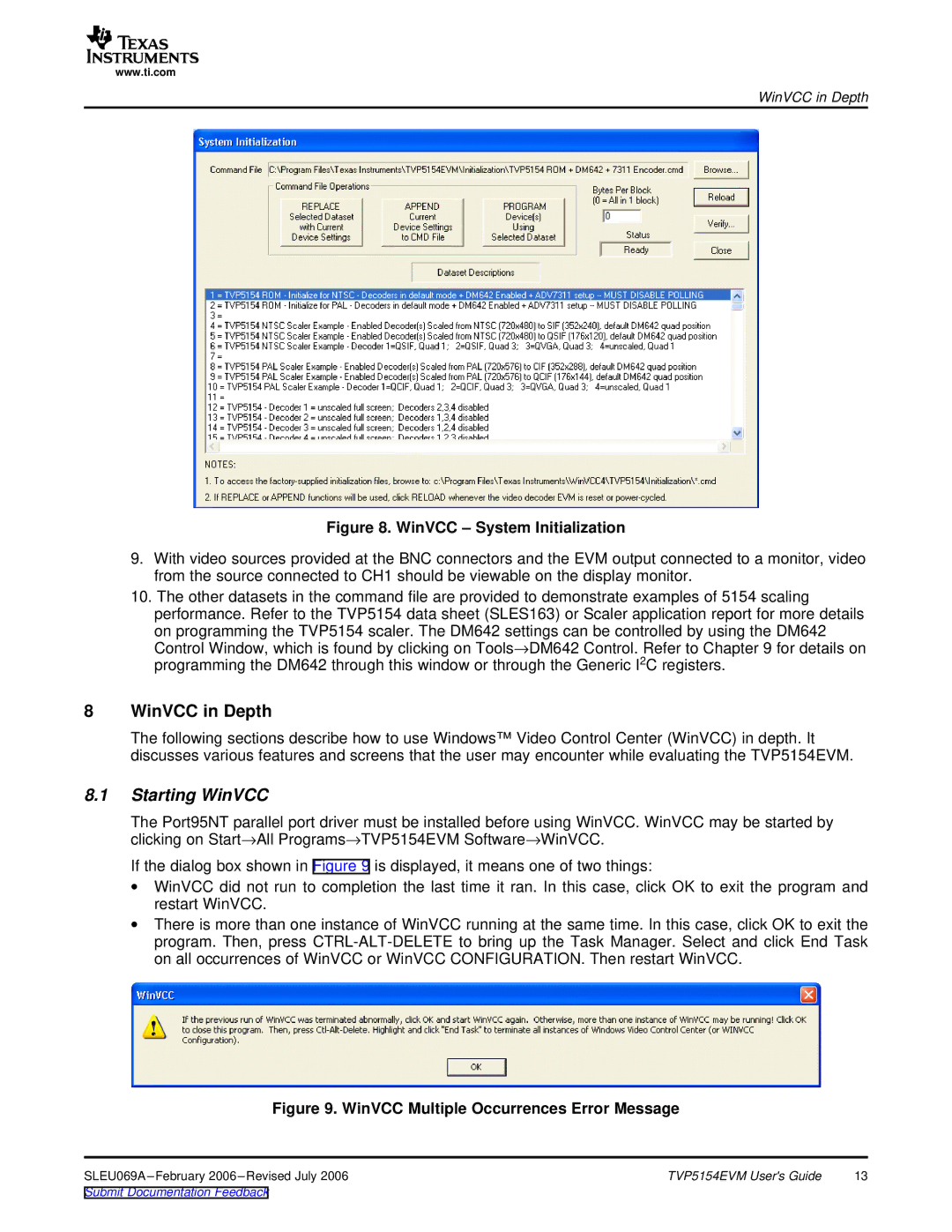 Texas Instruments TVP5154EVM manual Starting WinVCC, WinVCC System Initialization 