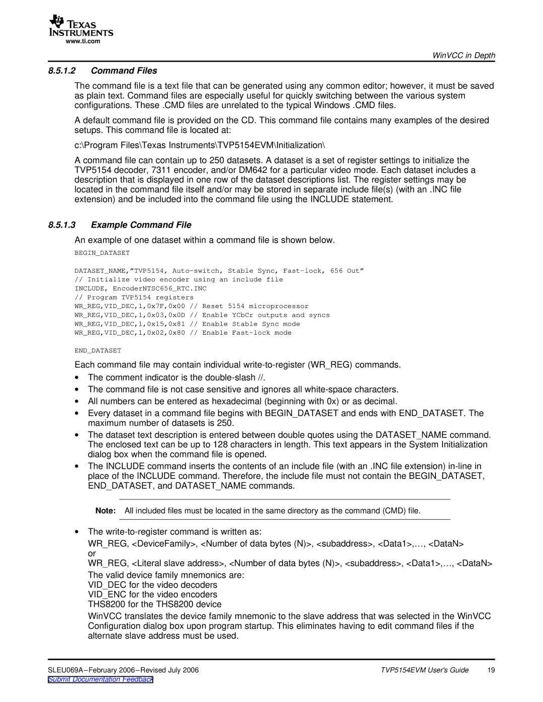 Texas Instruments TVP5154EVM manual Command Files, Example Command File 