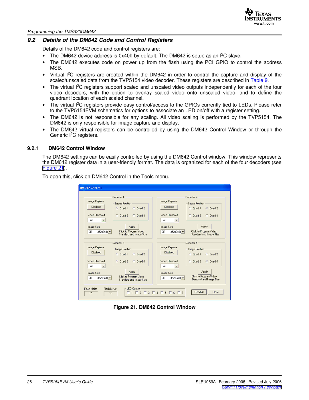 Texas Instruments TVP5154EVM manual Details of the DM642 Code and Control Registers, 1 DM642 Control Window 