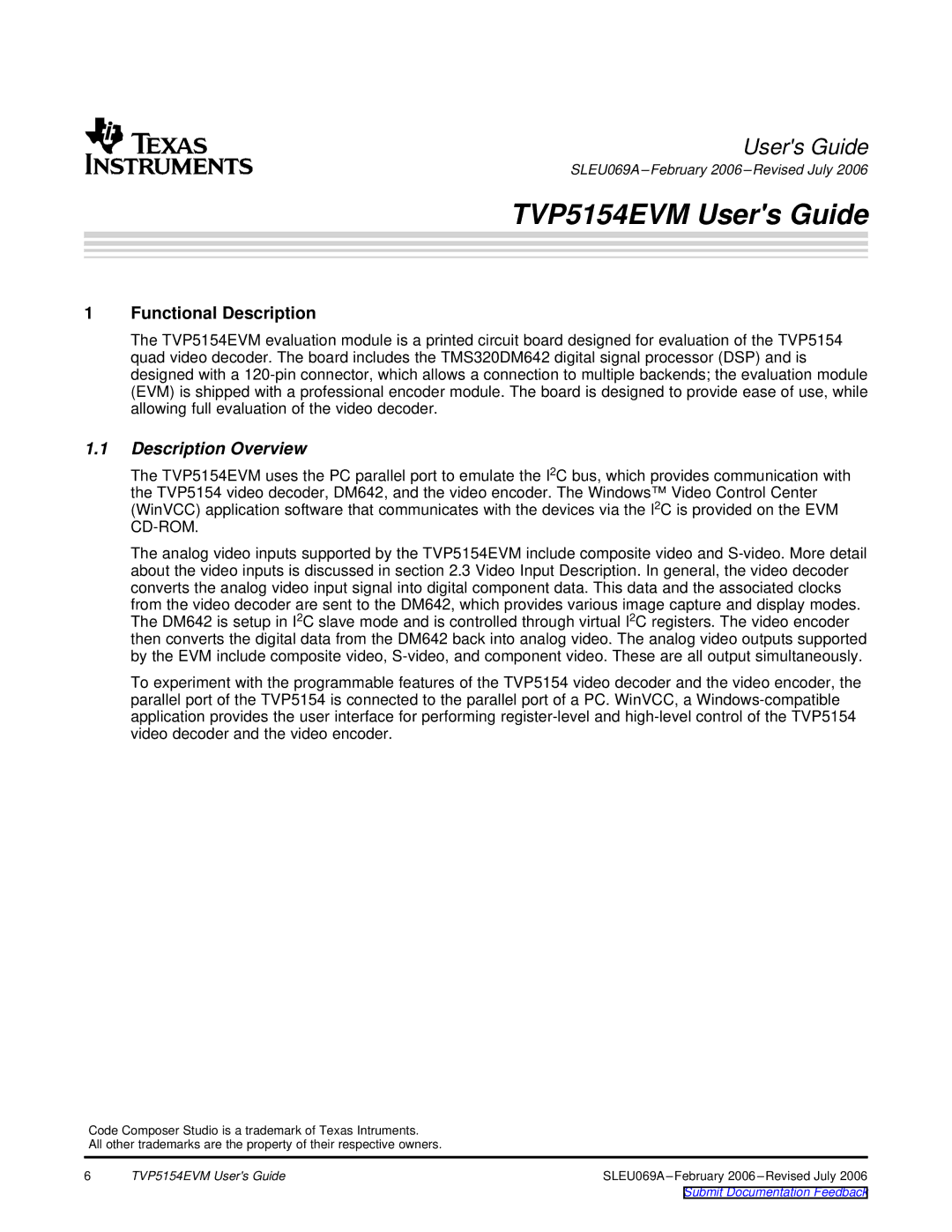 Texas Instruments manual TVP5154EVM Users Guide, Description Overview 