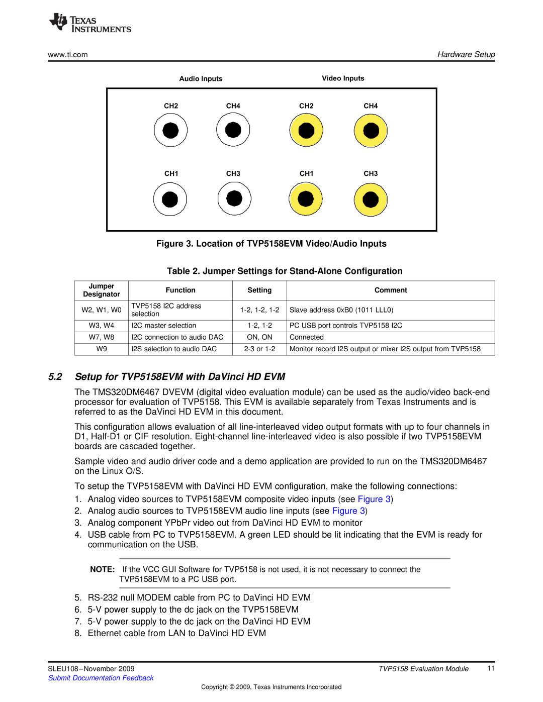 Texas Instruments manual Setup for TVP5158EVM with DaVinci HD EVM, Jumper Function Setting Comment 