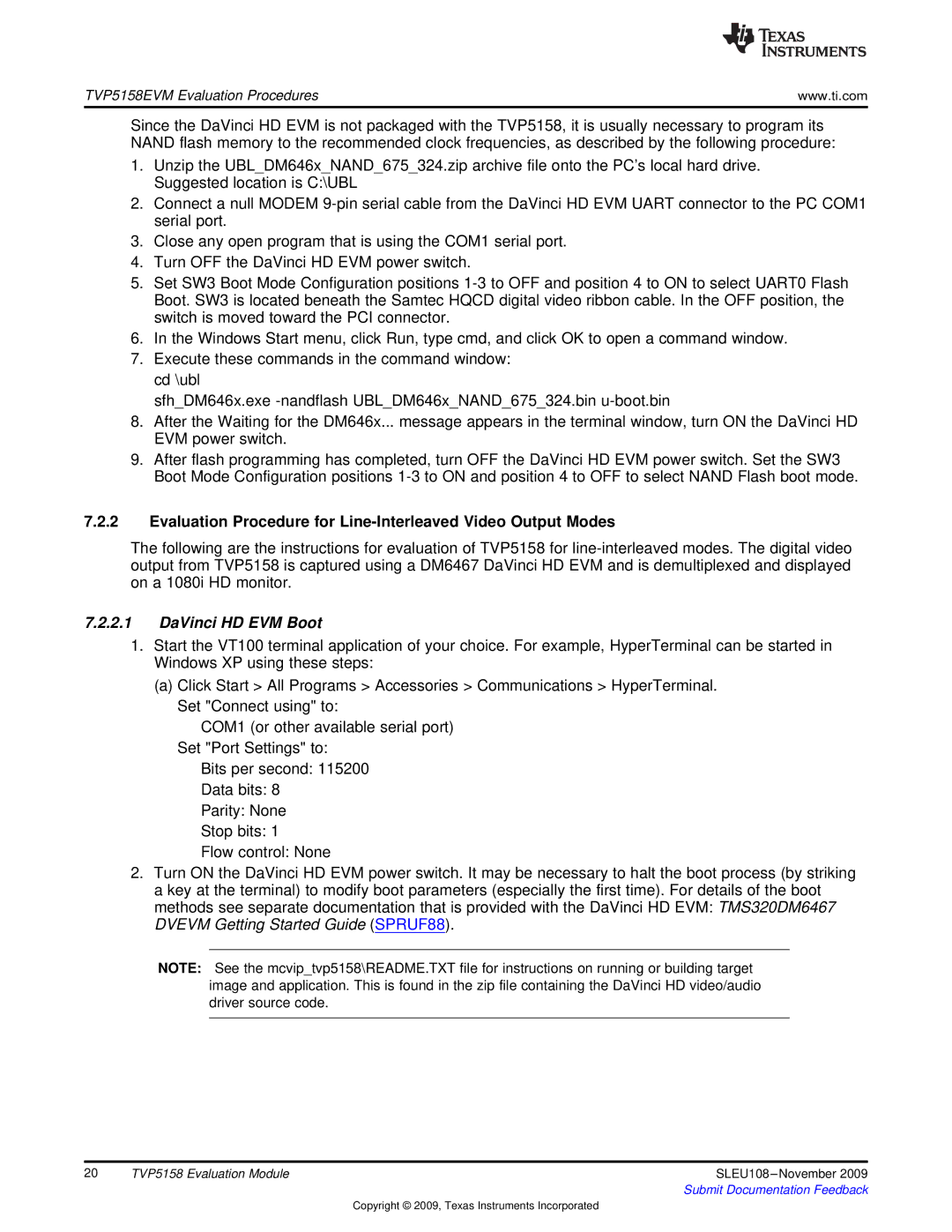 Texas Instruments TVP5158 manual DaVinci HD EVM Boot 