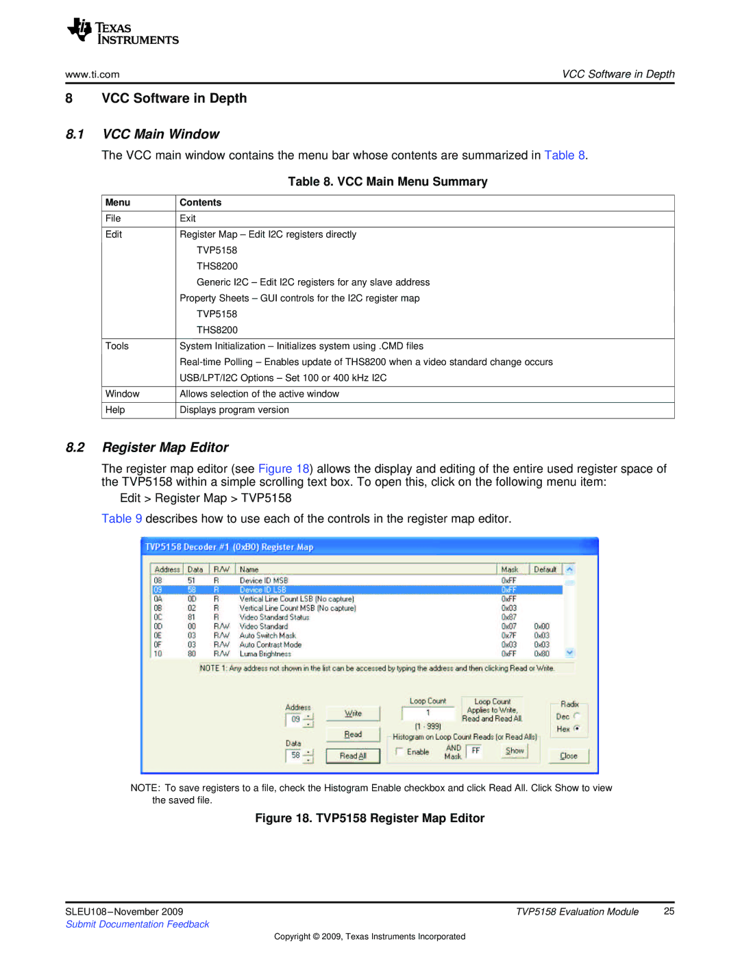 Texas Instruments TVP5158 manual VCC Main Window, Register Map Editor, VCC Main Menu Summary, Menu Contents 