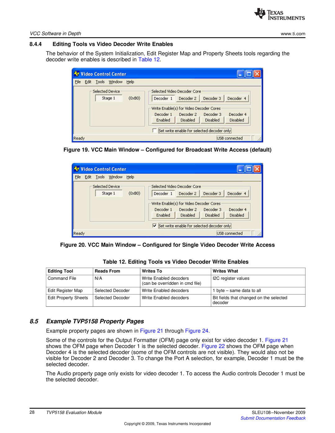 Texas Instruments manual Example TVP5158 Property Pages, Editing Tools vs Video Decoder Write Enables 