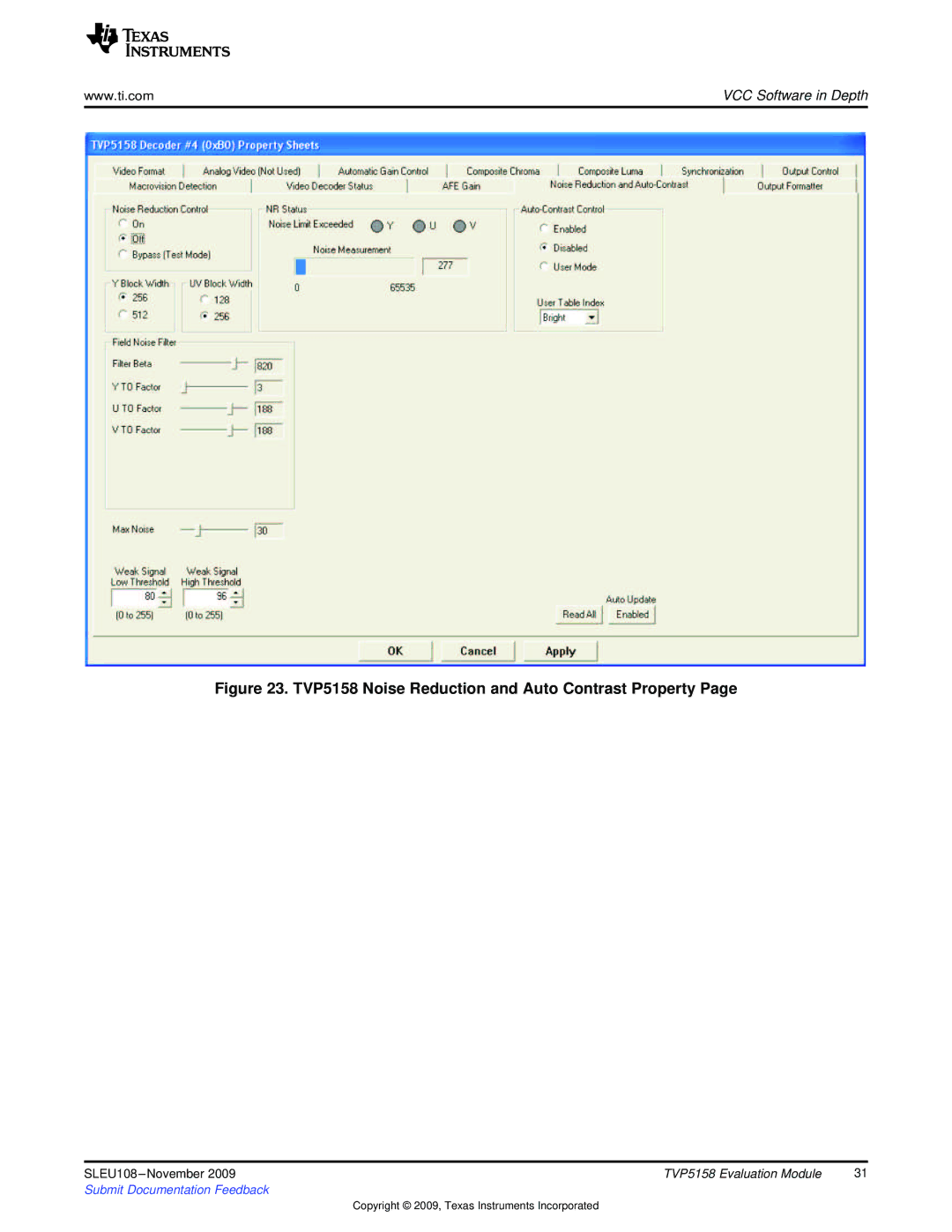 Texas Instruments manual TVP5158 Noise Reduction and Auto Contrast Property 