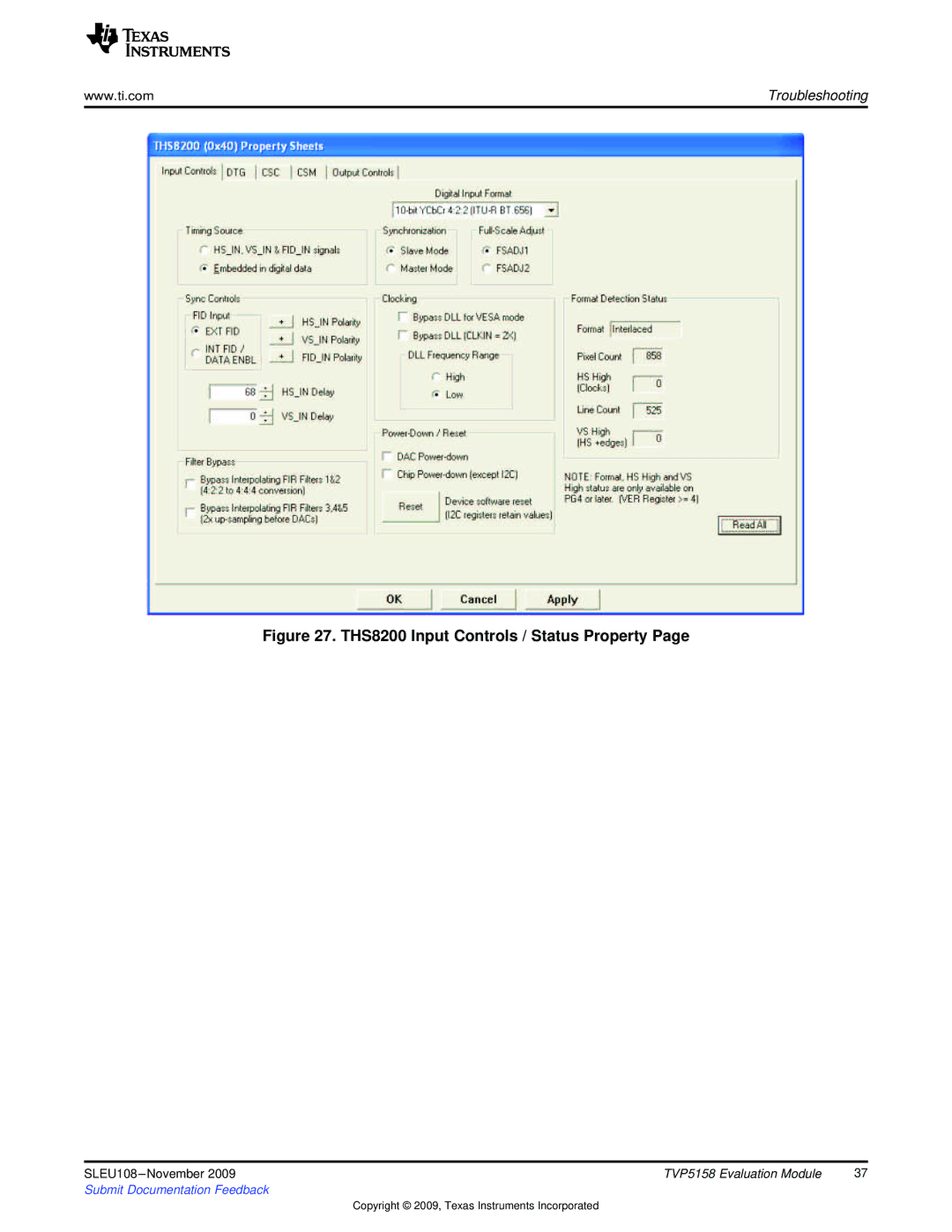 Texas Instruments TVP5158 manual THS8200 Input Controls / Status Property 