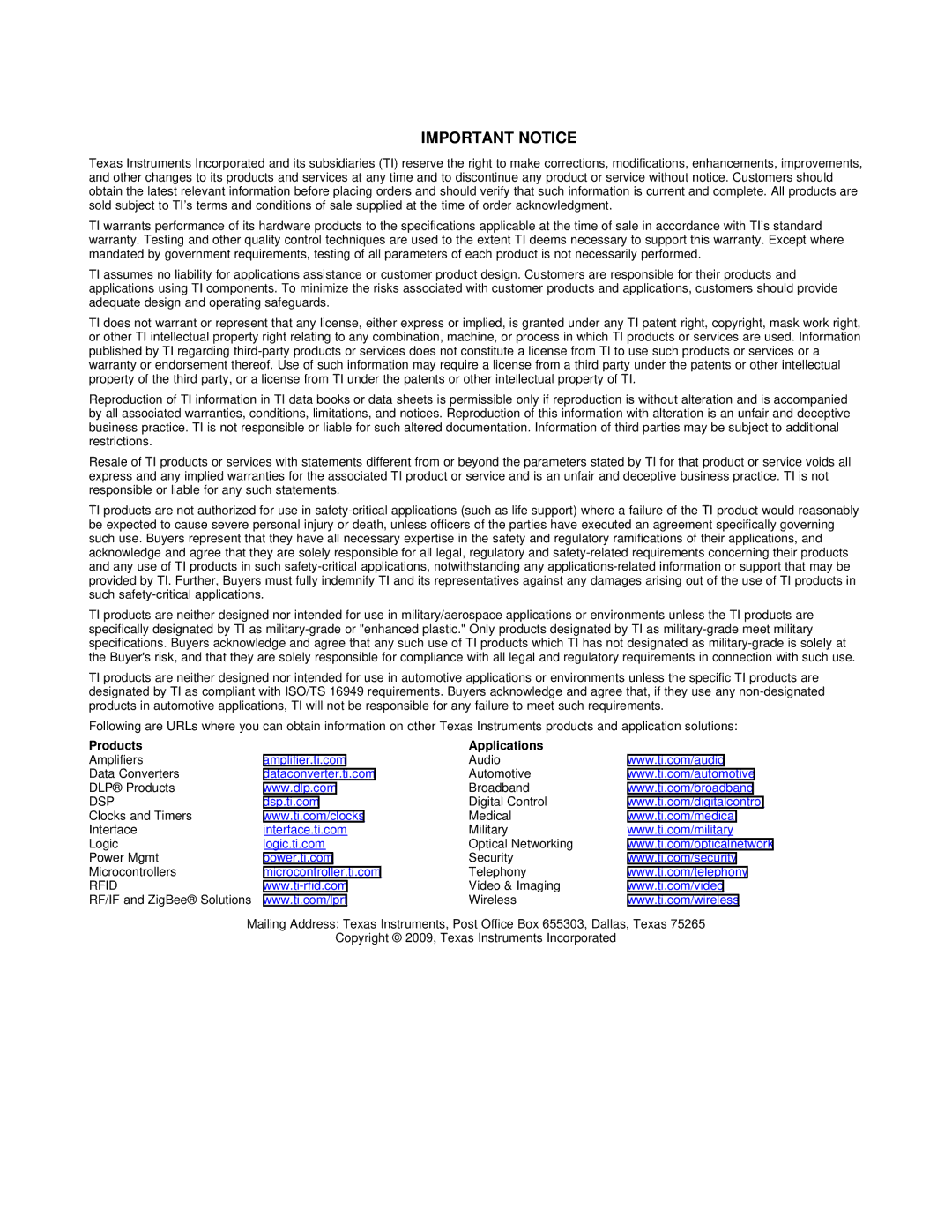 Texas Instruments TVP5158 manual Important Notice 