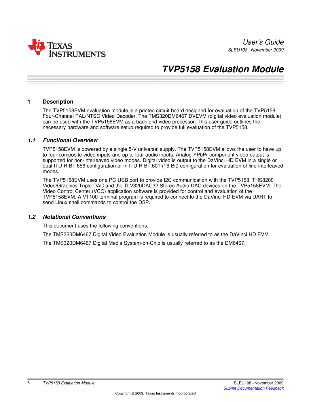 Texas Instruments TVP5158 manual Functional Overview, Notational Conventions 