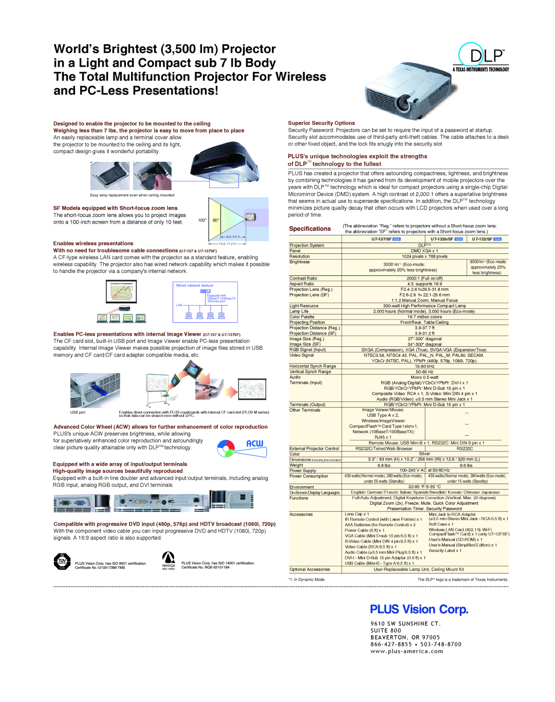 Texas Instruments U7 specifications SF Models equipped with Short-focus zoom lens, Enables wireless presentations 