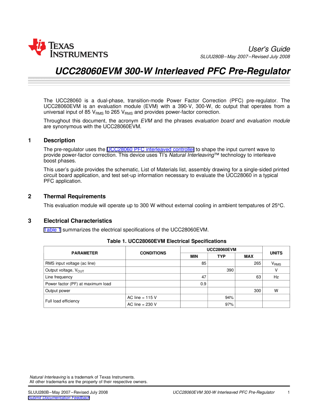 Texas Instruments UCC28060EVM specifications Description, Thermal Requirements, Electrical Characteristics 