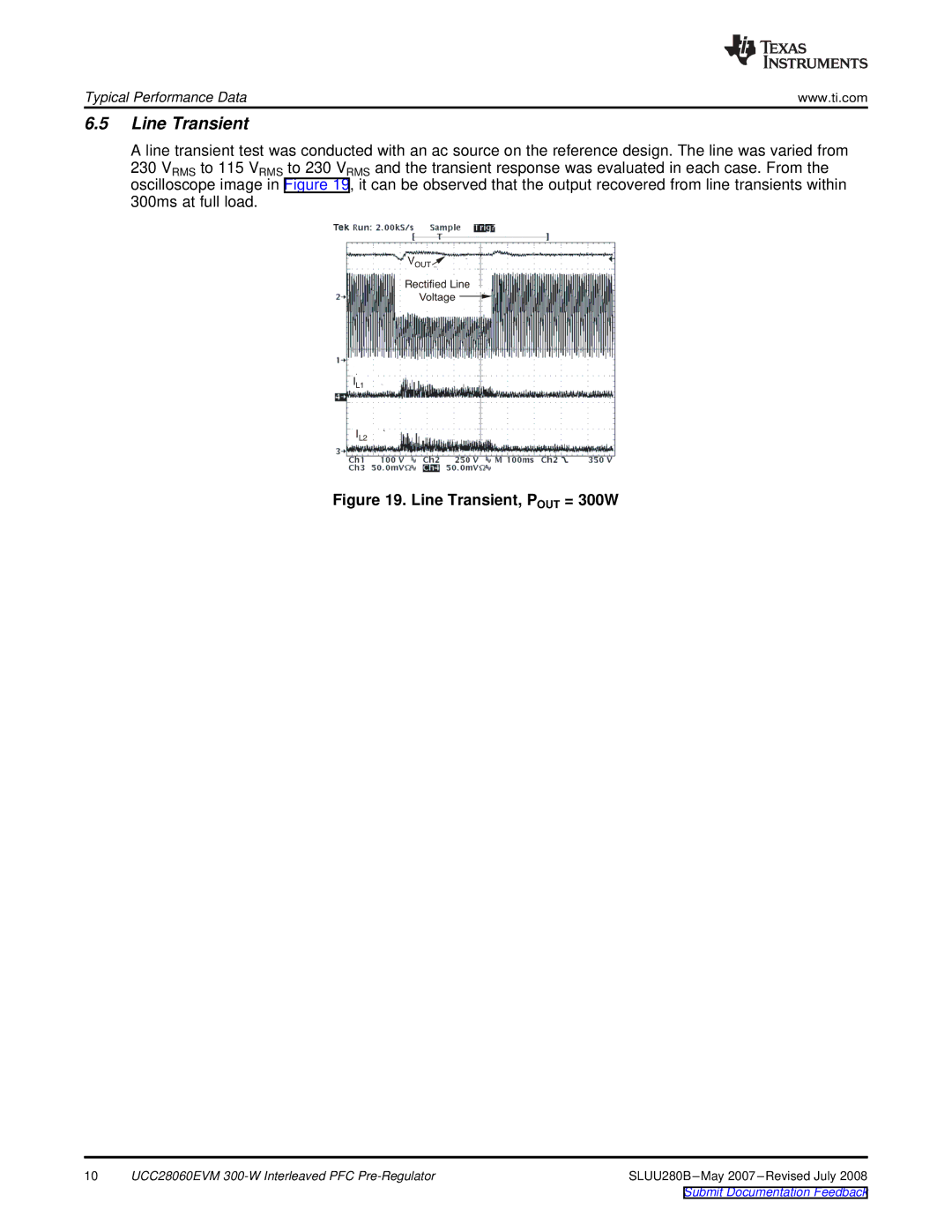 Texas Instruments UCC28060EVM specifications Line Transient, Pout = 300W 