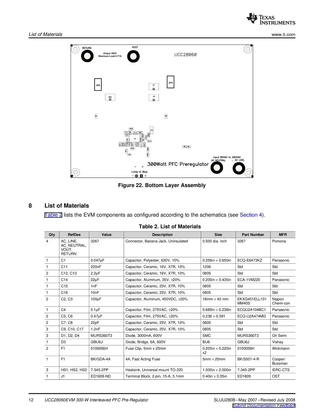 Texas Instruments UCC28060EVM specifications List of Materials 