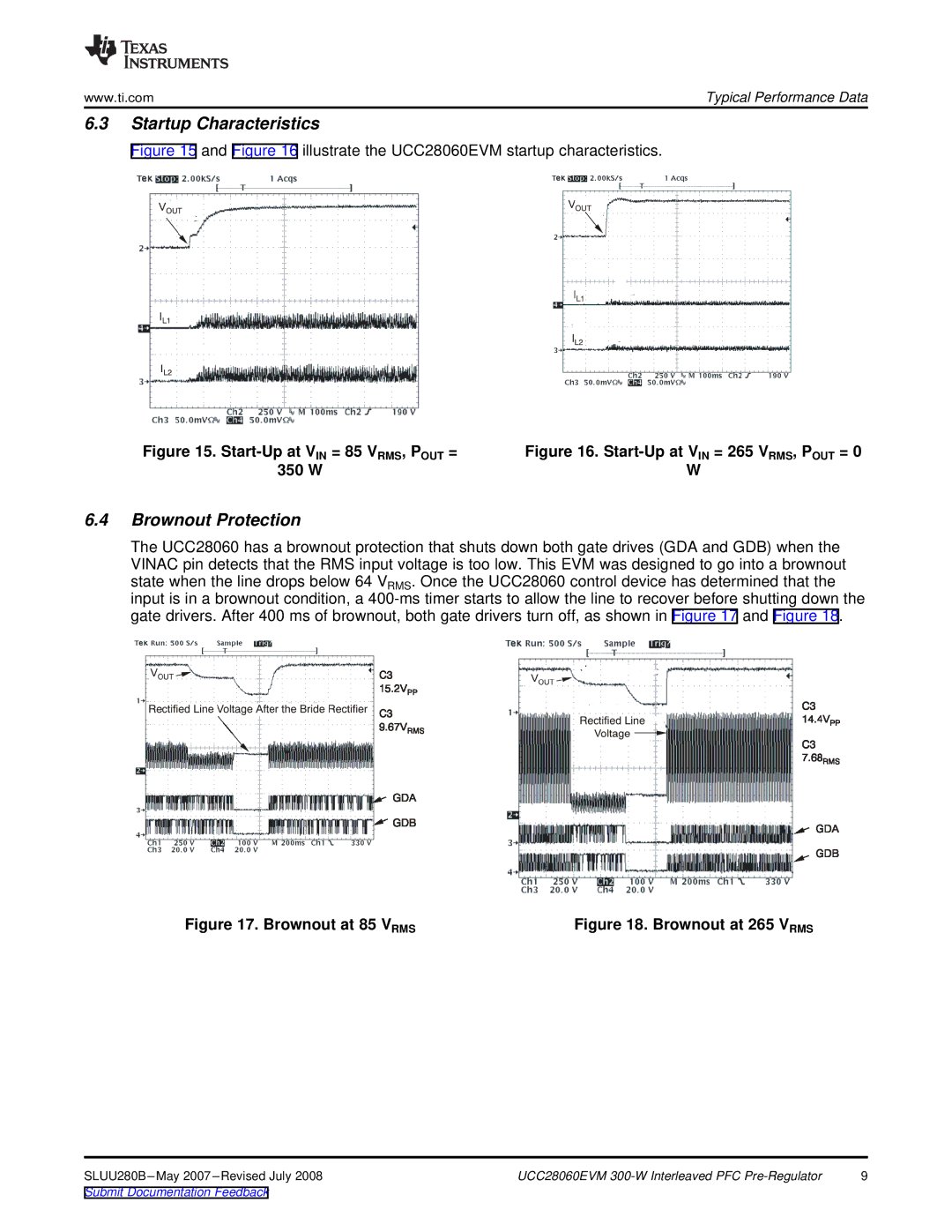 Texas Instruments UCC28060EVM specifications Startup Characteristics, Brownout Protection, 350 W 