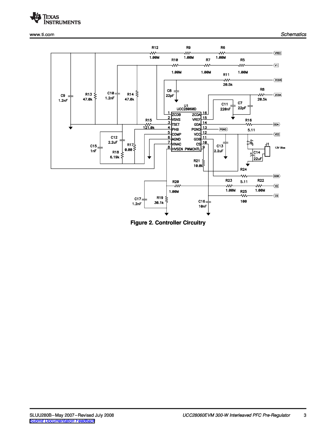 Texas Instruments specifications Controller Circuitry, Schematics, UCC28060EVM 300-W Interleaved PFC Pre-Regulator 