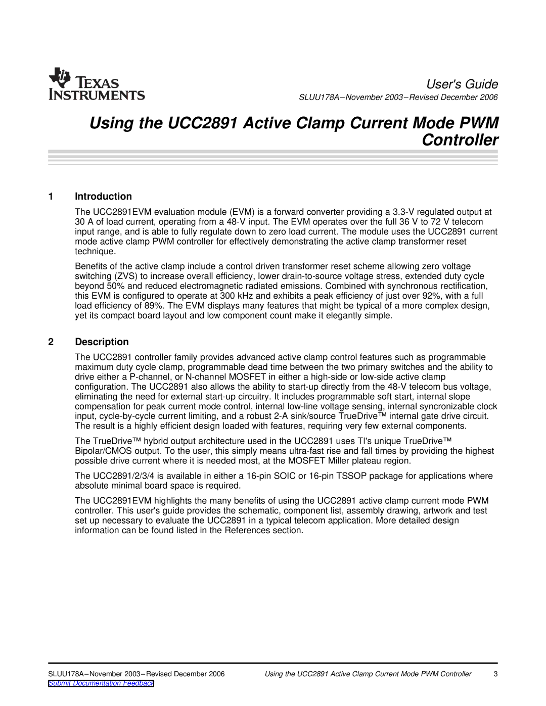 Texas Instruments UCC2891 manual Introduction, Description 