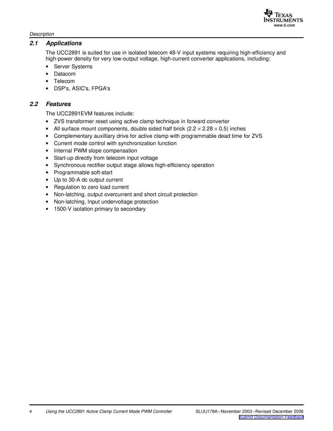 Texas Instruments UCC2891 manual Applications 