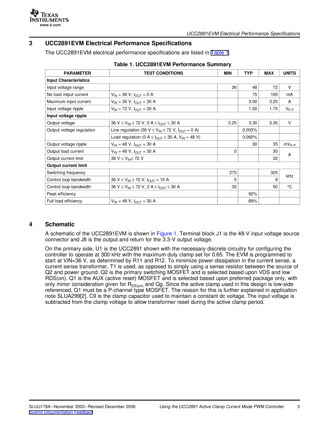 Texas Instruments manual UCC2891EVM Electrical Performance Specifications, Schematic 