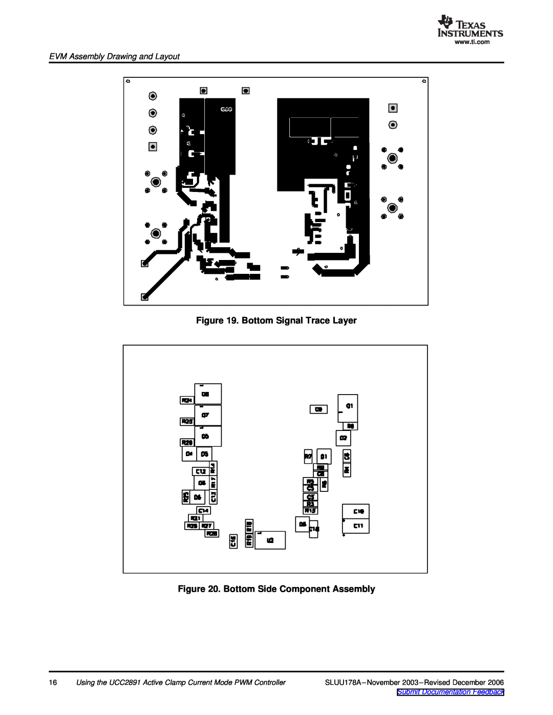 Texas Instruments UCC2891 manual Bottom Signal Trace Layer, Bottom Side Component Assembly, EVM Assembly Drawing and Layout 