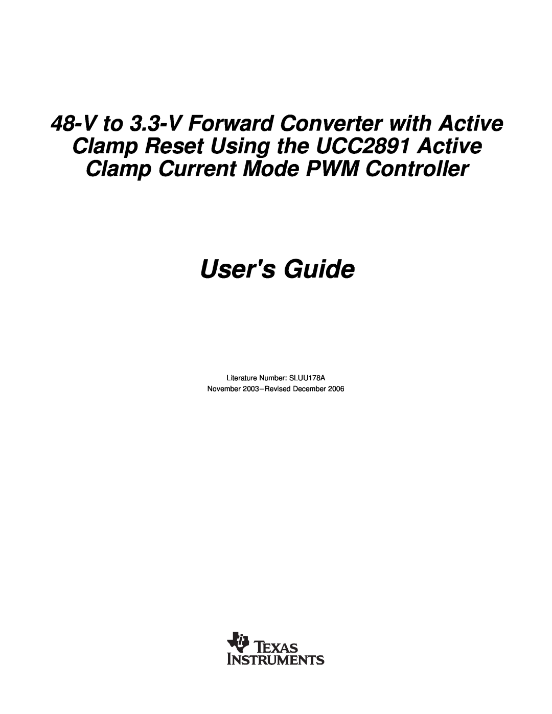 Texas Instruments UCC2891 manual Users Guide, V to 3.3-V Forward Converter with Active 