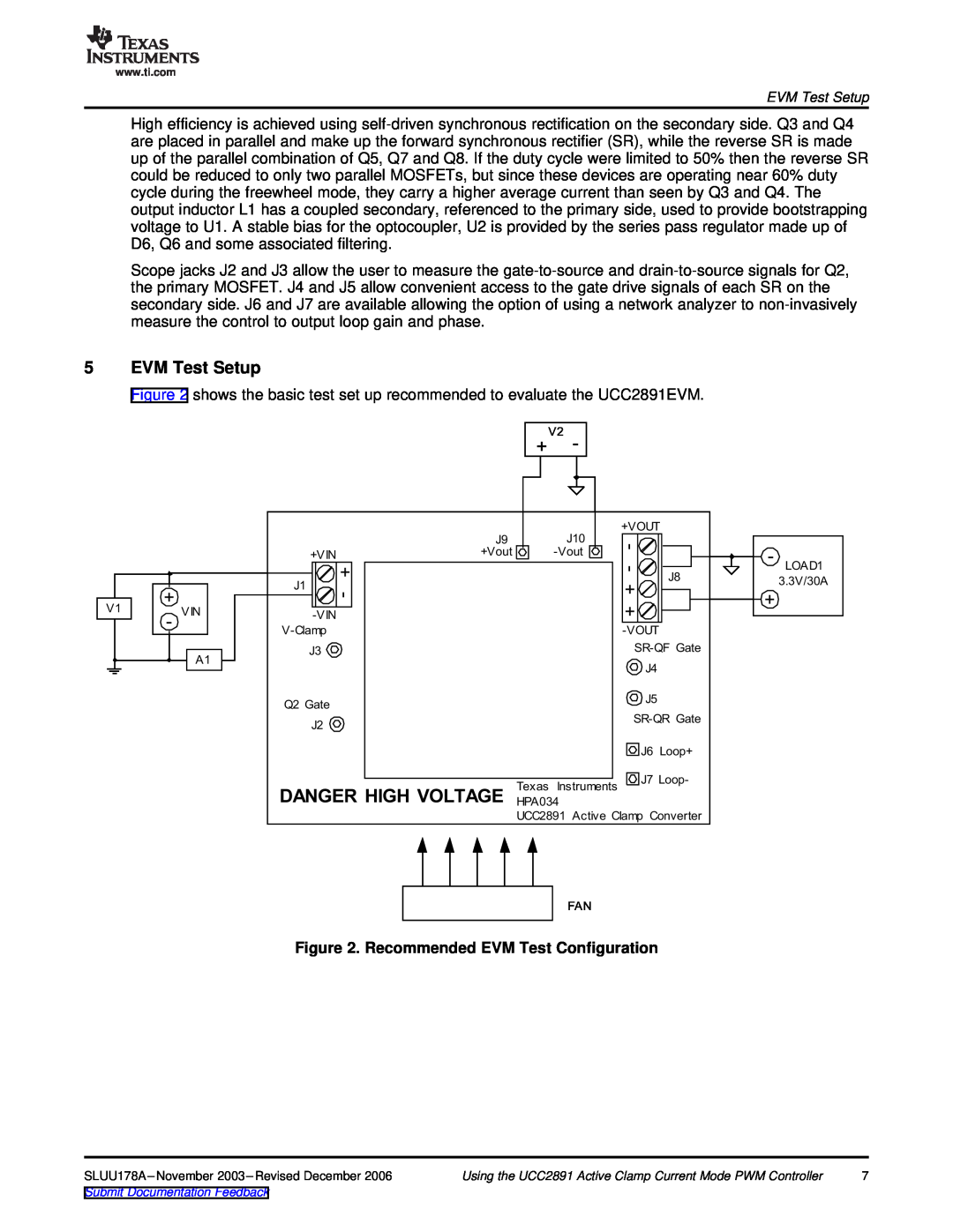 Texas Instruments UCC2891 manual EVM Test Setup, Recommended EVM Test Configuration, Danger High Voltage 