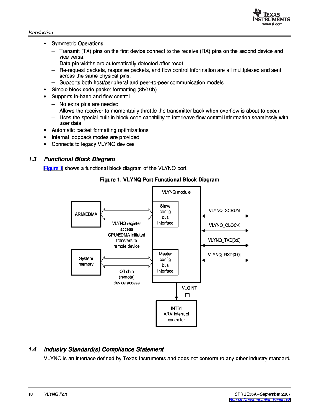 Texas Instruments VLYNQ Port manual Functional Block Diagram, Industry Standards Compliance Statement 