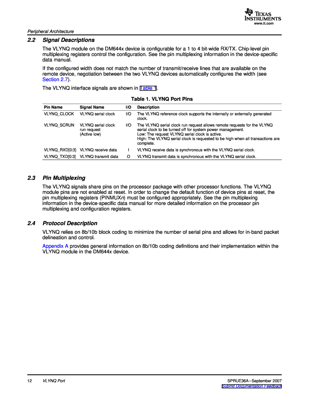 Texas Instruments manual Signal Descriptions, Pin Multiplexing, Protocol Description, VLYNQ Port Pins 