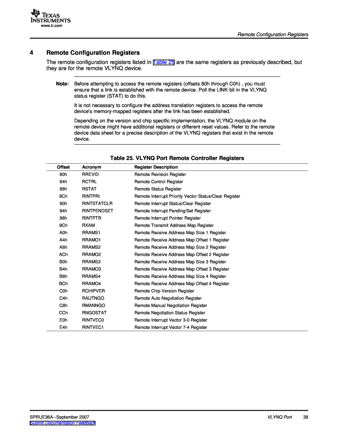 Texas Instruments manual Remote Configuration Registers, VLYNQ Port Remote Controller Registers 
