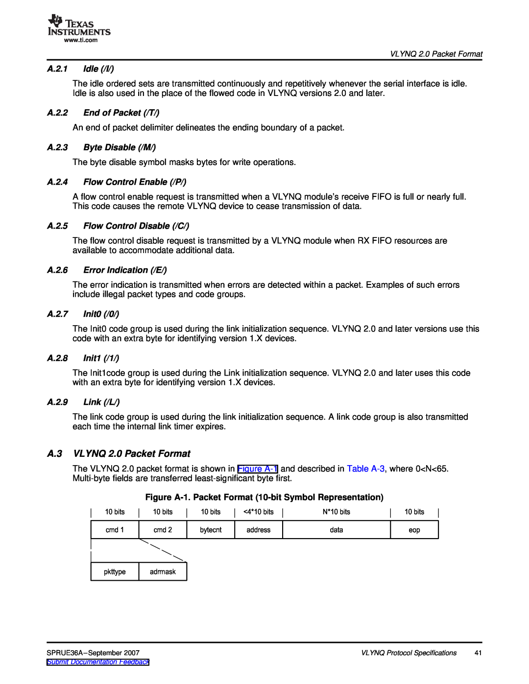 Texas Instruments VLYNQ Port manual A.3 VLYNQ 2.0 Packet Format, Figure A-1. Packet Format 10-bit Symbol Representation 