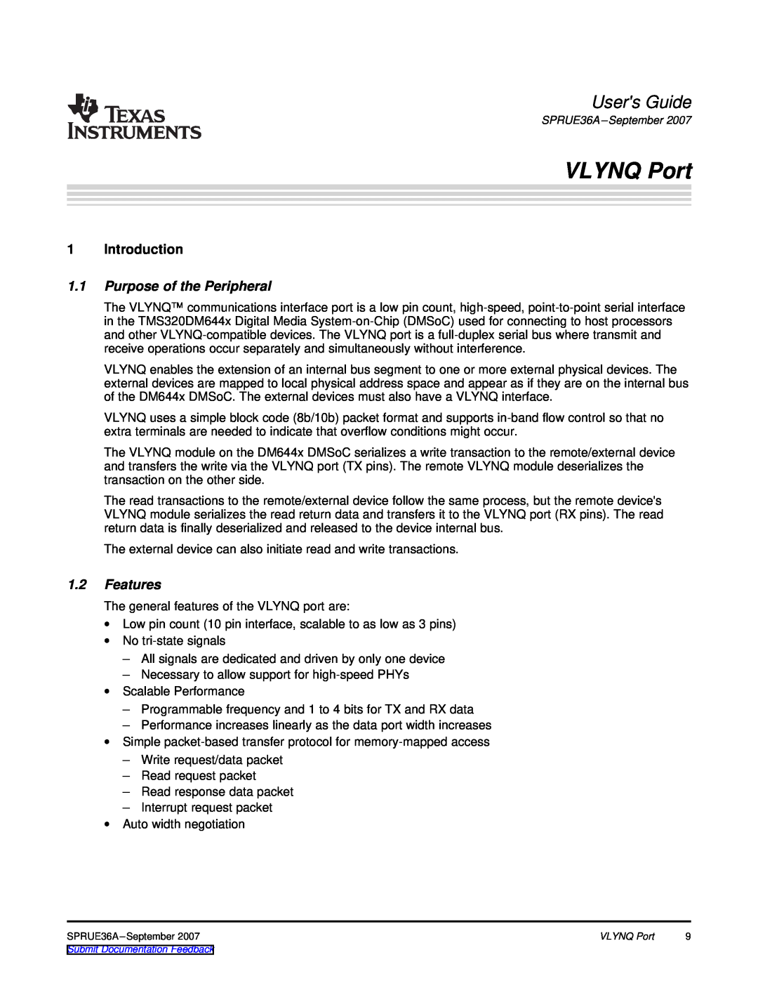 Texas Instruments VLYNQ Port manual Users Guide, Introduction, Purpose of the Peripheral, Features 