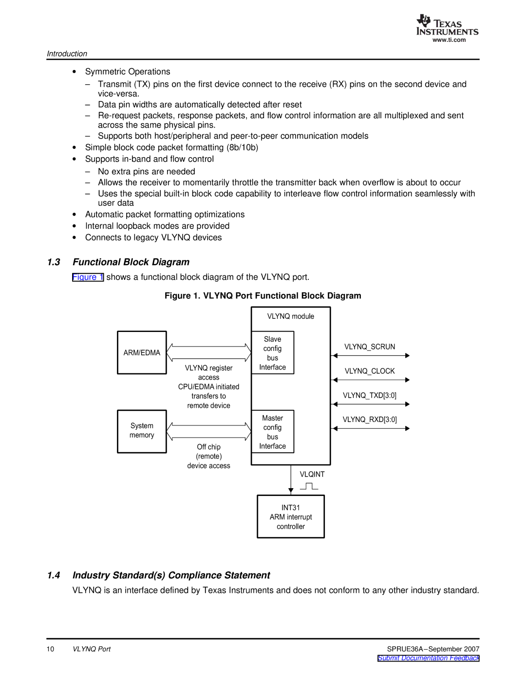 Texas Instruments VLYNQ Port manual Functional Block Diagram, Industry Standards Compliance Statement 